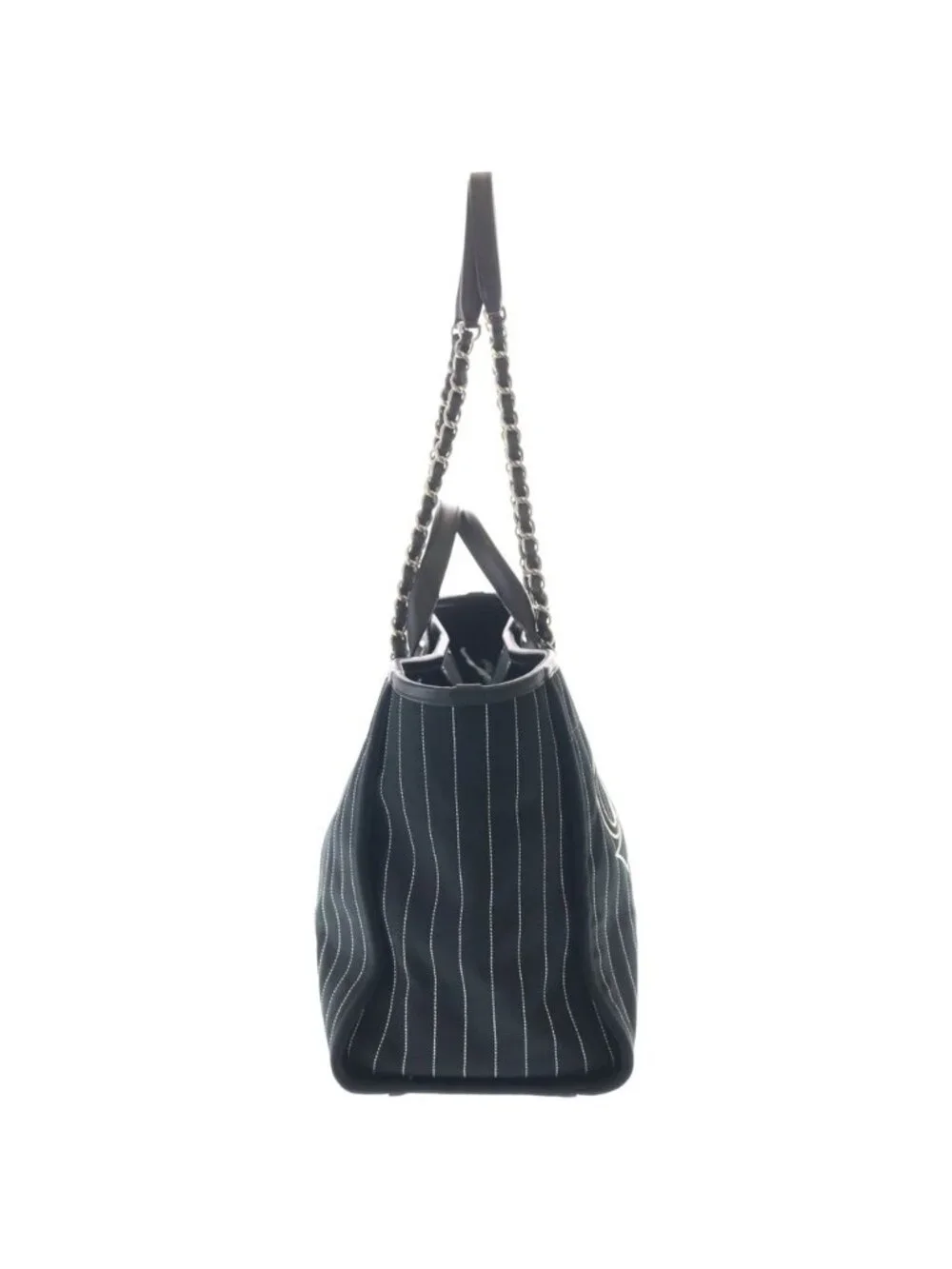 Chanel Deauville Canvas Logo Embroidery Tote Black Leather Silver